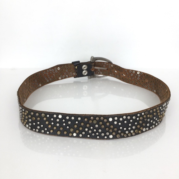 Brown Genuine Leather Belt Mixed Metal Studs Silver Tone Buckle Women’s Size L - Picture 6 of 10